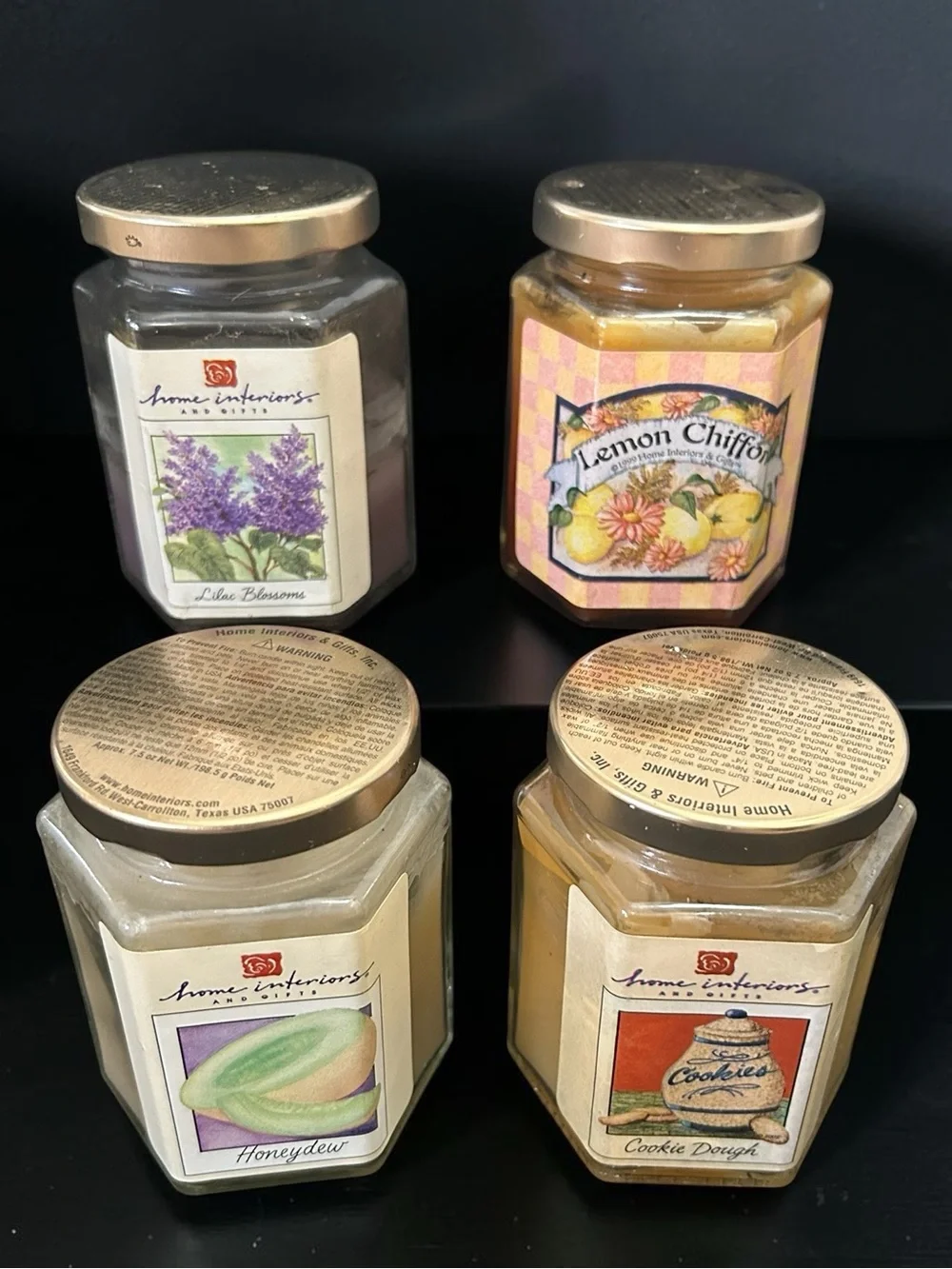 4 Vintage Home Interiors Scented Candle Lilac, Lemon Chiffon Honeydew Cookie